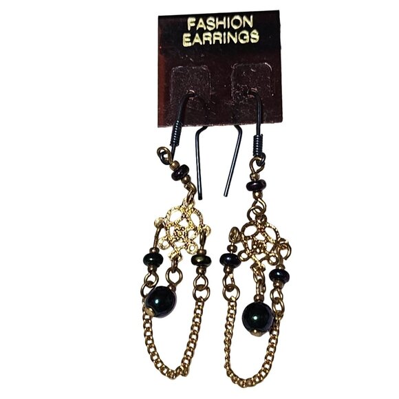 Fashion Earrings Elegant Filigree Dangle Navy Blue Beads Gold Tone Chain Dangle - Picture 1 of 5